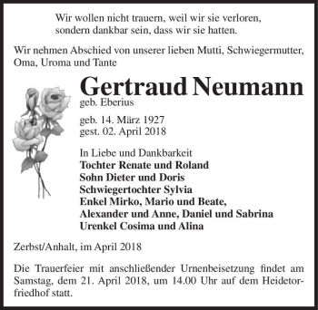 Traueranzeige von Gertraud Neumann (geb. Eberius)  von Magdeburger Volksstimme