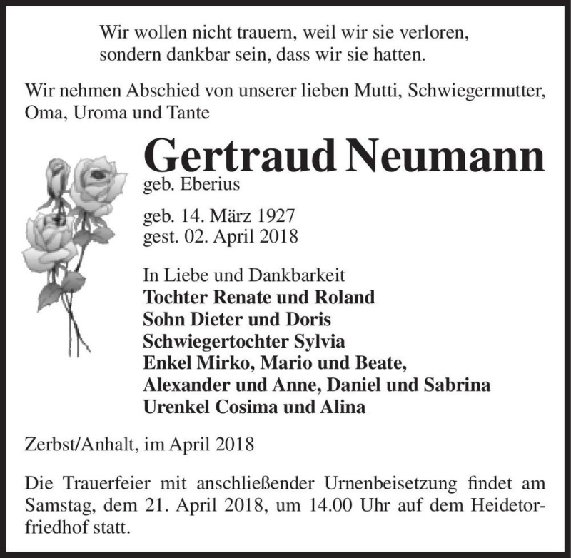  Traueranzeige für Gertraud Neumann (geb. Eberius)  vom 07.04.2018 aus Magdeburger Volksstimme