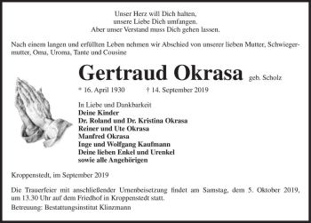 Traueranzeige von Gertraud Okrasa (geb. Scholz)  von Magdeburger Volksstimme