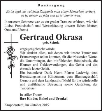 Traueranzeige von Gertraud Okrasa (geb. Scholz)  von Magdeburger Volksstimme