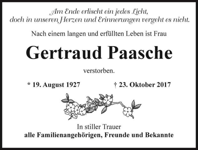  Traueranzeige für Gertraud Paasche  vom 04.11.2017 aus Magdeburger Volksstimme