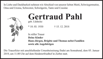 Traueranzeige von Gertraud Pahl (geb. Lüdecke)  von Magdeburger Volksstimme