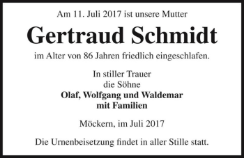 Traueranzeige von Gertraud Schmidt  von Magdeburger Volksstimme