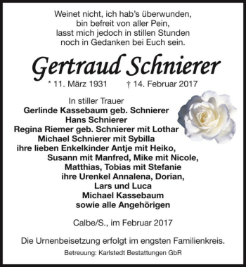 Traueranzeige von Gertraud Schnierer  von Magdeburger Volksstimme