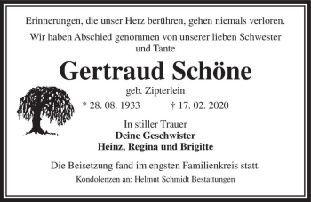 Traueranzeige von Gertraud Schöne (geb. Zipterlein)  von Magdeburger Volksstimme