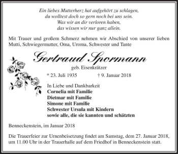 Traueranzeige von Gertraud Spormann (geb. Eisenkrätzer)  von Magdeburger Volksstimme
