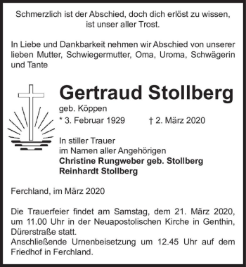 Traueranzeige von Gertraud Stollberg (geb. Köppen)  von Magdeburger Volksstimme