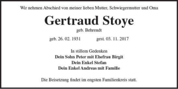 Traueranzeige von Gertraud Stoye (geb. Behrendt)  von Magdeburger Volksstimme