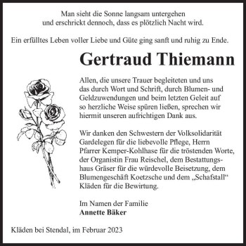 Traueranzeige von Gertraud Thiemann  von Magdeburger Volksstimme