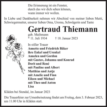 Traueranzeige von Gertraud Thiemann (geb. Muthmann)  von Magdeburger Volksstimme