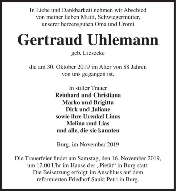 Traueranzeige von Gertraud Uhlemann (geb. Liesecke)  von Magdeburger Volksstimme