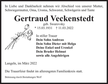 Traueranzeige von Gertraud Veckenstedt (geb. Swarovsky)  von Magdeburger Volksstimme