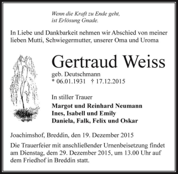 Traueranzeige von Gertraud Weiss (geb. Deutschmann)  von Magdeburger Volksstimme