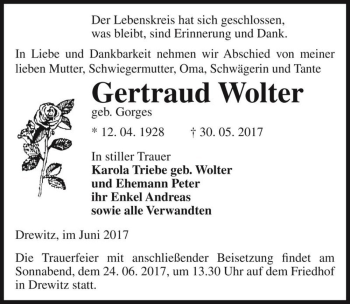 Traueranzeige von Gertraud Wolter (geb. Gorges)  von Magdeburger Volksstimme