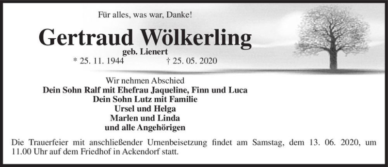  Traueranzeige für Gertraud Wölkerling (geb. Lienert)  vom 30.05.2020 aus Magdeburger Volksstimme