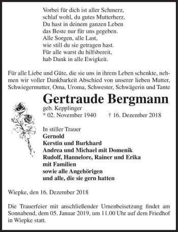Traueranzeige von Gertraude Bergmann (geb. Kepplinger)  von Magdeburger Volksstimme