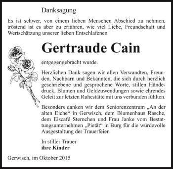 Traueranzeige von Gertraude Cain  von Magdeburger Volksstimme
