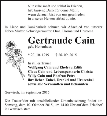 Traueranzeige von Gertraude Cain (geb. Hohenhaus)  von Magdeburger Volksstimme