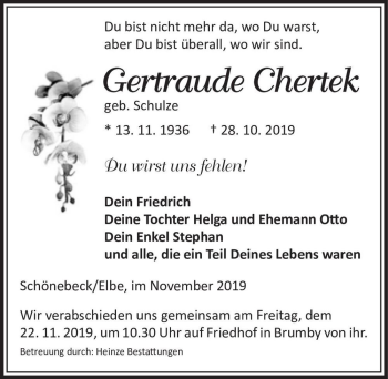 Traueranzeige von Gertraude Chertek (geb. Schulze)  von Magdeburger Volksstimme