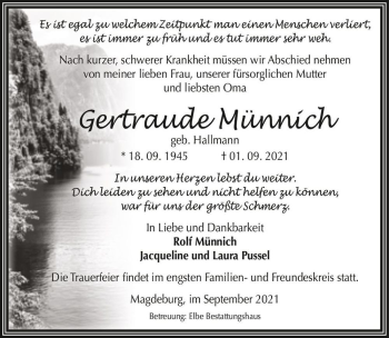 Traueranzeige von Gertraude Gabriele Münnich  (geb. Hallmann)  von Magdeburger Volksstimme