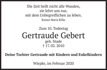 Traueranzeige von Gertraude Gebert (geb. Stade)  von Magdeburger Volksstimme