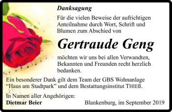 Traueranzeige von Gertraude Geng  von Magdeburger Volksstimme