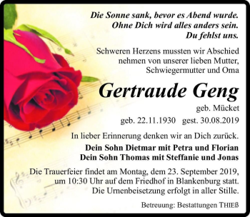 Traueranzeige von Gertraude Geng (geb. Mücket)  von Magdeburger Volksstimme