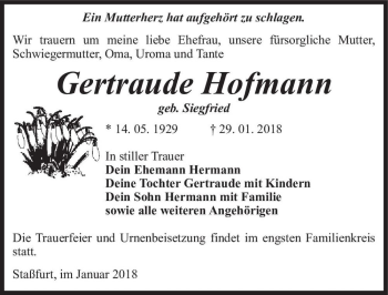 Traueranzeige von Gertraude Hofmann (geb. Siegfried)  von Magdeburger Volksstimme