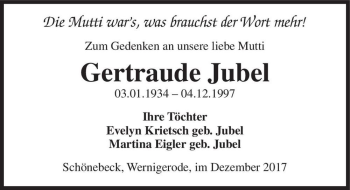 Traueranzeige von Gertraude Jubel  von Magdeburger Volksstimme