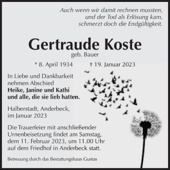 Traueranzeige von Gertraude Koste (geb. Bauer)  von Magdeburger Volksstimme