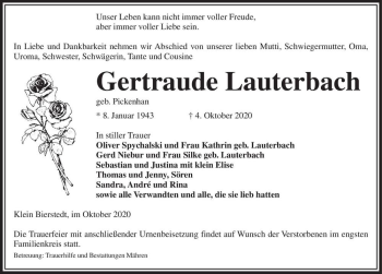 Traueranzeige von Gertraude Lauterbach (geb. Pickenhan)  von Magdeburger Volksstimme