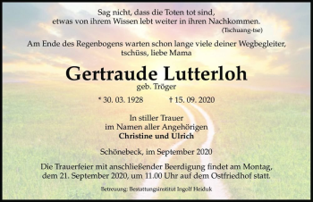 Traueranzeige von Gertraude Lutterloh (geb. Tröger)  von Magdeburger Volksstimme