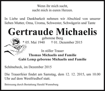 Traueranzeige von Gertraude Michaelis (geb. Berg)  von Magdeburger Volksstimme