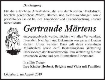 Traueranzeige von Gertraude Märtens  von Magdeburger Volksstimme