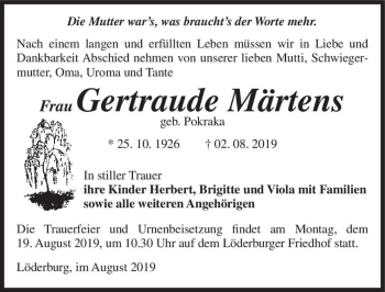 Traueranzeige von Gertraude Märtens (geb. Pokraka)  von Magdeburger Volksstimme