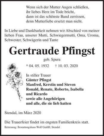 Traueranzeige von Gertraude Pfingst (geb. Spura)  von Magdeburger Volksstimme