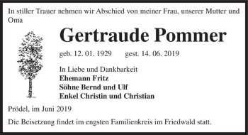 Traueranzeige von Gertraude Pommer  von Magdeburger Volksstimme