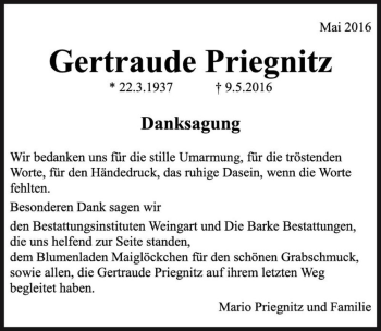 Traueranzeige von Gertraude Priegnitz  von Magdeburger Volksstimme