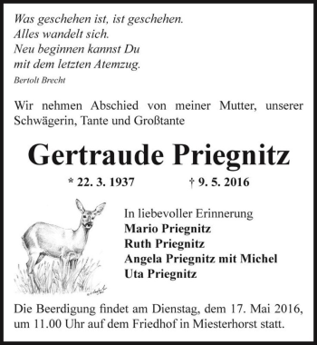 Traueranzeige von Gertraude Priegnitz  von Magdeburger Volksstimme