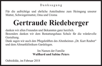 Traueranzeige von Gertraude Riedeberger  von Magdeburger Volksstimme