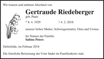 Traueranzeige von Gertraude Riedeberger (geb. Paatz)  von Magdeburger Volksstimme