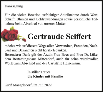 Traueranzeige von Gertraude Seiffert  von Magdeburger Volksstimme