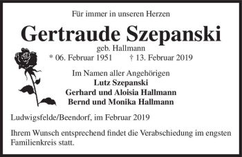 Traueranzeige von Gertraude Szepanski (geb. Hallmann)  von Magdeburger Volksstimme