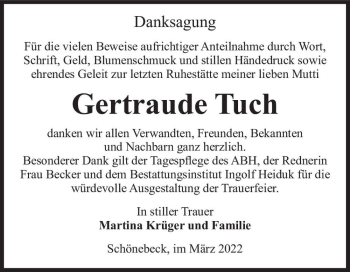 Traueranzeige von Gertraude Tuch  von Magdeburger Volksstimme