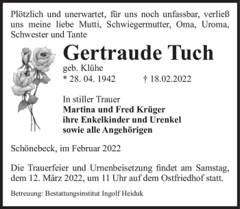Traueranzeige von Gertraude Tuch (geb. Klühe)  von Magdeburger Volksstimme
