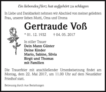 Traueranzeige von Gertraude Voß  von Magdeburger Volksstimme