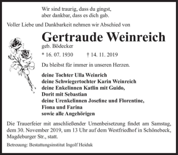 Traueranzeige von Gertraude Weinreich (geb. Bödecker)  von Magdeburger Volksstimme