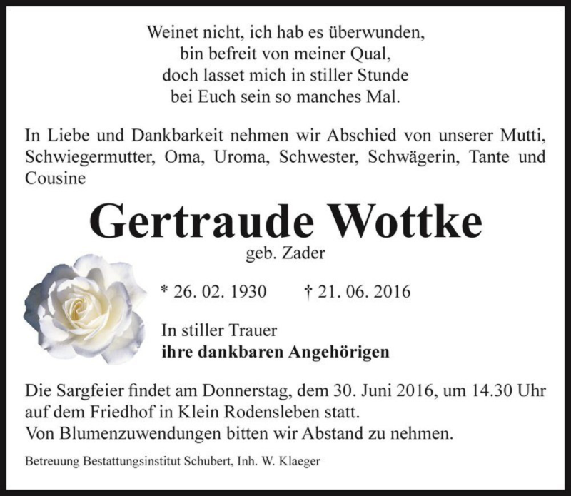  Traueranzeige für Gertraude Wottke (geb. Zader)  vom 25.06.2016 aus Magdeburger Volksstimme
