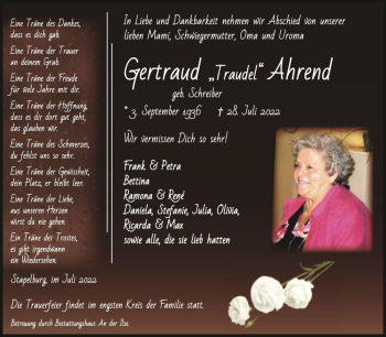 Traueranzeige von Gertraud „Traudel“ Ahrend (geb. Schreiber)  von Magdeburger Volksstimme