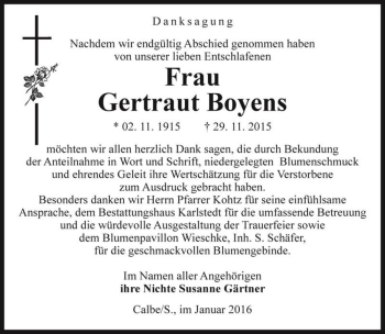 Traueranzeige von Gertraut Boyens  von Magdeburger Volksstimme